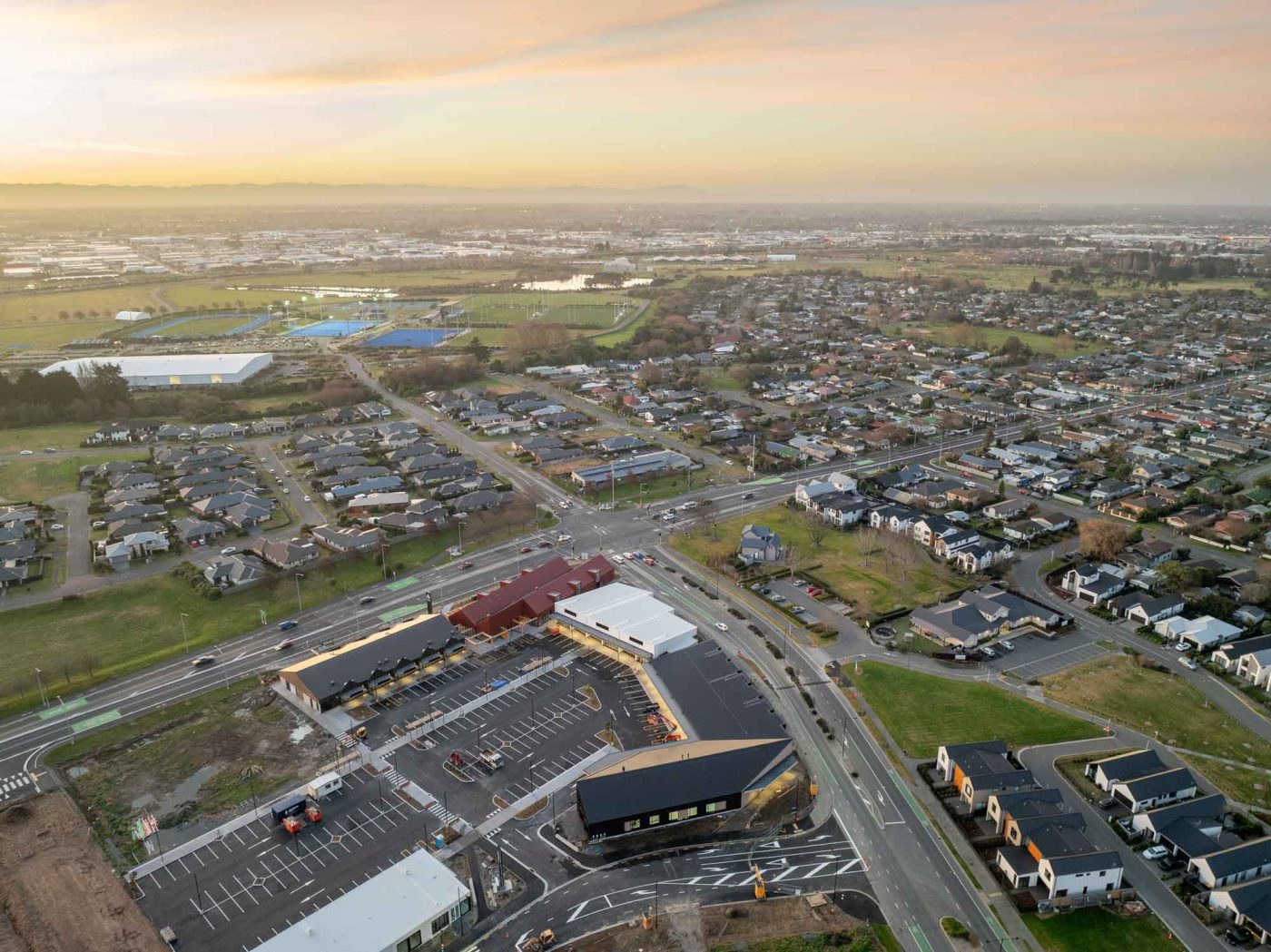 The Acres aerial shot of Halswell and Ngā Puna Wai Sports Hub